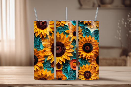 3D Blue + Yellow Sunflowers Sublimation Tumbler Print