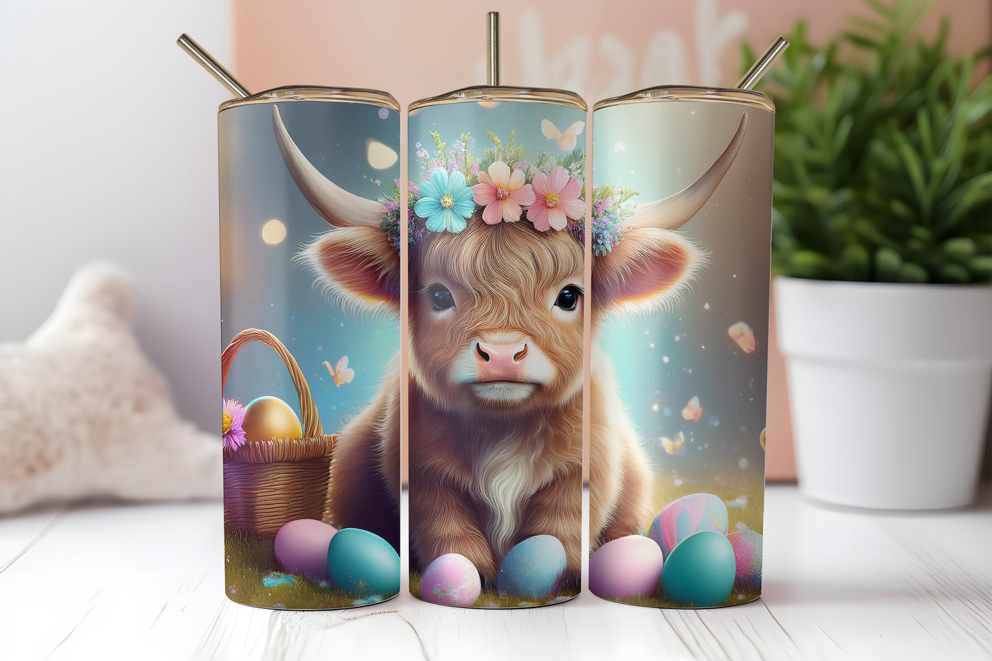 3D Easter Baby Highland Cow Sublimation Tumbler Print