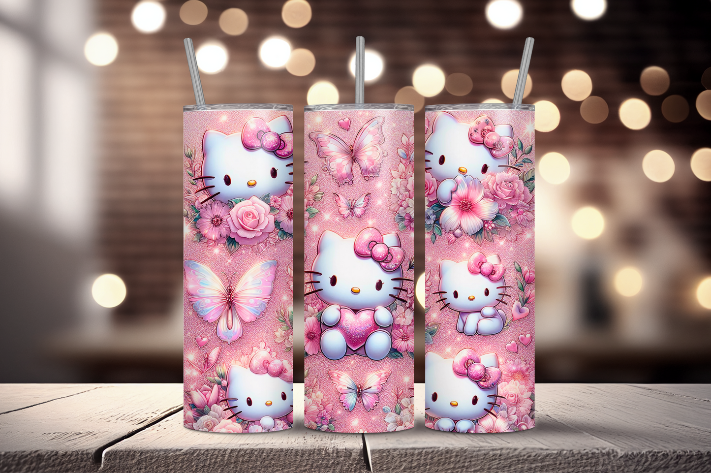 Glitter Hello Kitty + Butterflies Sublimation Tumbler Print