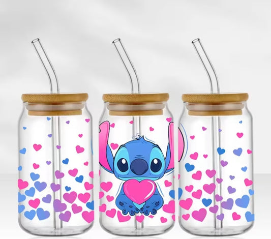 Stitch Pink/Blue Hearts 16oz Libbey Cup Wrap