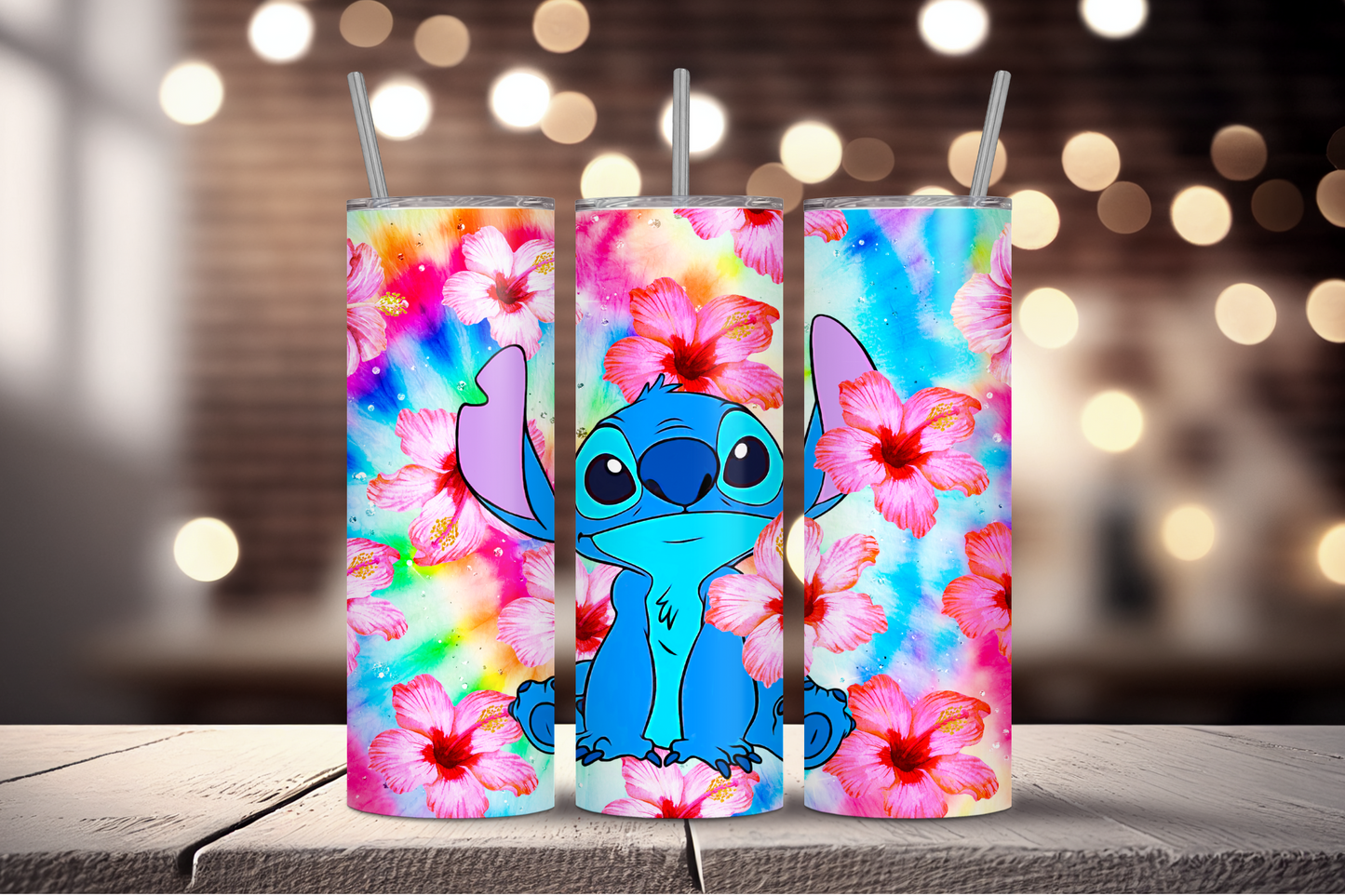 Stitch + Hawaiian Flowers Sublimation Tumbler Print